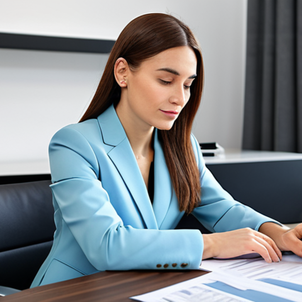 A professional accountant, fully clothed in a modest business suit, working at a desk in a modern, bright office.  She is reviewing financial documents.  Perfect anatomy, correct proportions, natural pose, well-formed hands, proper finger count. Safe for work, appropriate content, family-friendly, professional photography, high quality.
