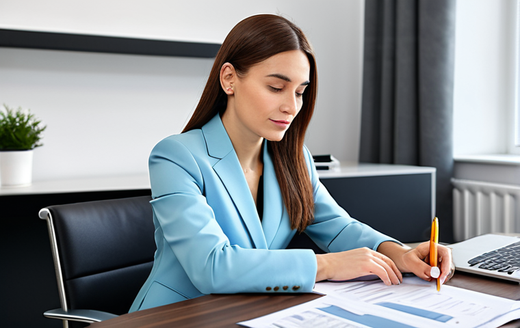 A professional accountant, fully clothed in a modest business suit, working at a desk in a modern, bright office. She is reviewing financial documents. Perfect anatomy, correct proportions, natural pose, well-formed hands, proper finger count. Safe for work, appropriate content, family-friendly, professional photography, high quality.