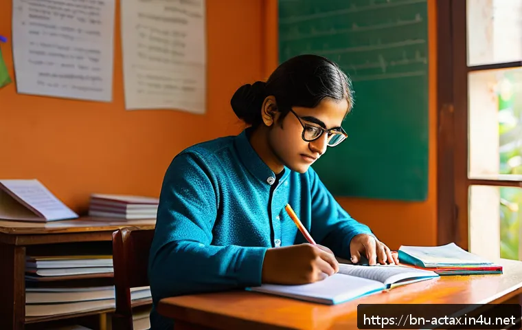 전산세무회계 실무 시험 준비 체크리스트 - A focused Bengali student sitting at a wooden study desk in a cozy, well-lit room, surrounded by off...